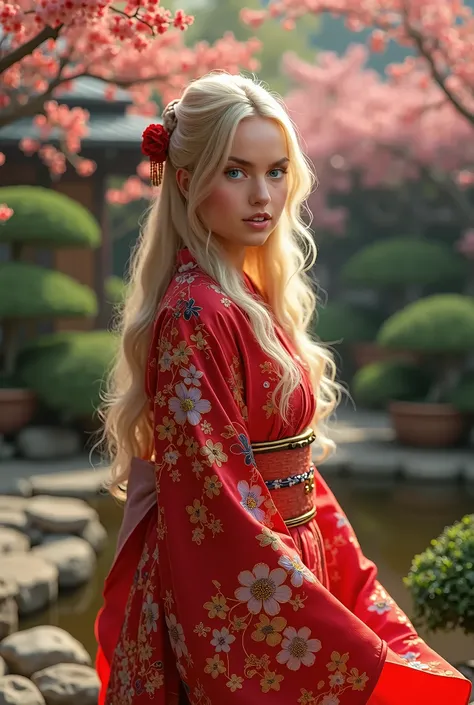 Japanese red kimono beauty, blond hair, Japanese garden