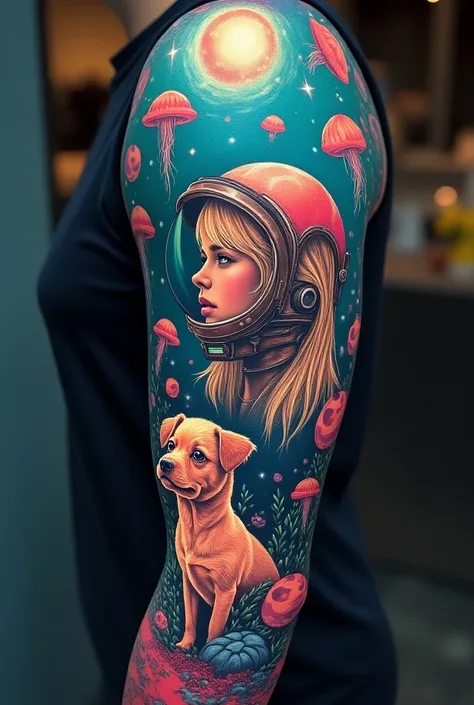  Create a tattoo for the entire arm and forearm with elements from the bottom of the sea mixed with the universe and various planets, powder, Águas Vivas , , Galaxias with a blonde girl with a diving helmet , a candy dog at your side looking up in the air ...