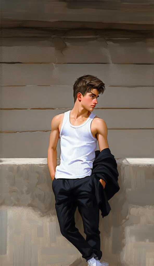 Handsome attractive teenage boy wearing white tank top and black jacket exposing his shoulder leaning by a wall, wearing black trouser and white shoes, quiff hairstyle, detailed ,beautiful