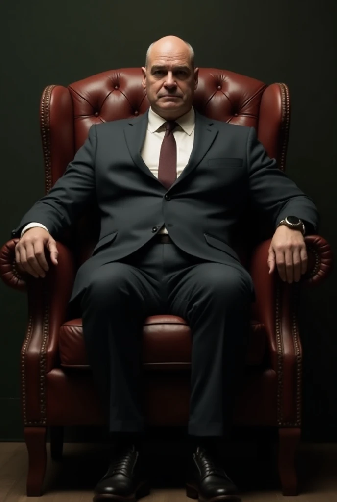 2 men. The man on the right is sitting in a leather armchair, in the style of a powerful boss,The man is tall,beefy, he is big and has a serious and frightening expression,he has a scar on his face, he is wearing a suit. The man on the left is standing nex...