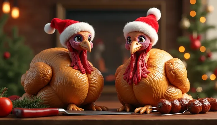 Two happy anthropomorphic turkeys in Santa hats, anthropomorphic, full body shot Christmas, holidays, winter, resting on a countertop, with a large knife, barbecue skewers and vegetables at their feet, cozy atmosphere, Christmas tree, warm lighting, photor...