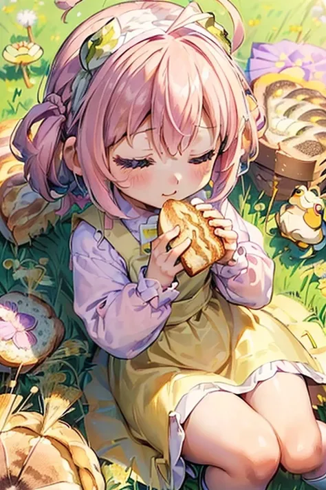 ((  holding a slice of bread   :1.5、  sleep in the grass with half open eyes  :1.5、   lie on your face and place your hands under your chin :1.5))、(( one girl playing pranks:1.5)、((Chibi Girl:1.5)))、 Kindergarten Mother:1.5、Best Quality、  Hi-Res 、  detaile...