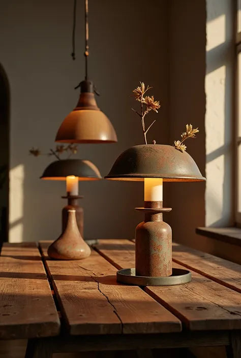 old wooden table,  Rusty Lamps , dried flowers , Fine Textures ,  Soft Sunset Light ,  Warm Colors,  calm atmosphere 