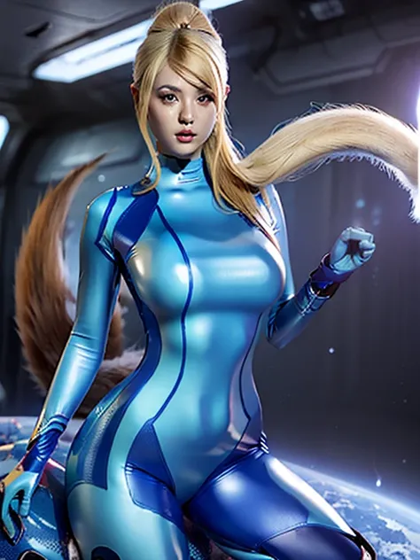 ((Best Quality, 8k)), ((masterpiece)), ( highest resolution),  perfect face, Woman with fox ears, A woman with a tail , Samus Aran, Beautiful woman, It was taken on a spaceship, Only one tail, She has thick thighs, Her big fox tail, I can see her fox tail,...