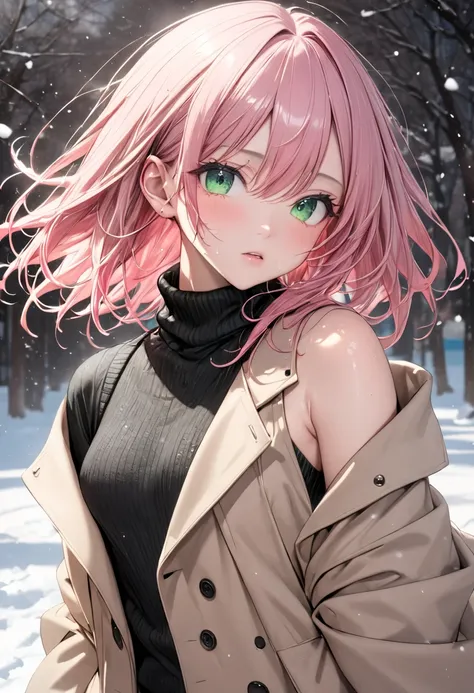 (masterpiece, best quality:1.2), (absurdres, highres, ultra-detailed), (perfect anatomy), 
1 Japanese woman,
22yo,beautiful eyes00 ,  ((multicolored hair , dark pink hair, pink hair,  light pink hair)),
medium hair,
green eyes,
(wearing (black turtleneck n...