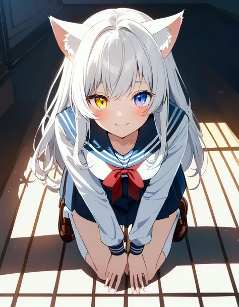 best quality , ultra detailed ,  highres icon ,anime style , from front , look at viewer ,One woman, ((long white hair)), (( Heterochromia,yellow right eye,blue left eye)), cat ears, 1 girl, medium breasts , long hair, solo,looking at viewer,best quality,b...