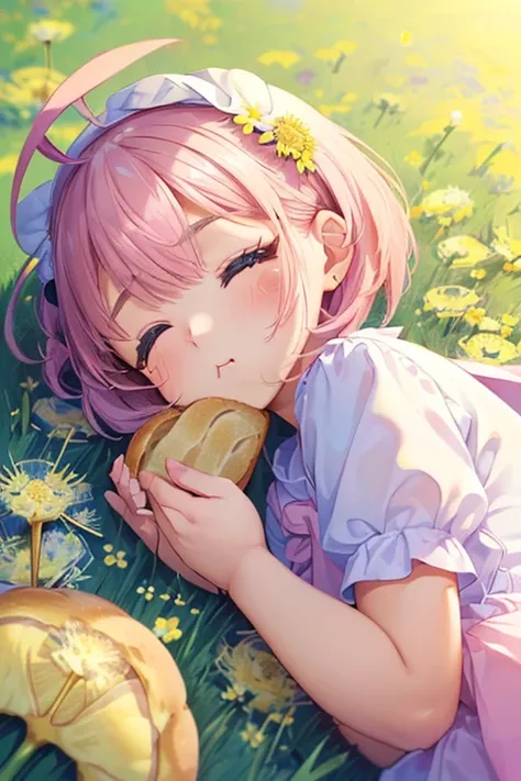 ((  holding a slice of bread   :1.5、  sleep in the grass with half open eyes  :1.5、   lie on your face and place your hands under your chin :1.5))、(( one girl playing pranks:1.5)、((Chibi Girl:1.5)))、 Kindergarten Mother:1.5、Best Quality、  Hi-Res 、  detaile...