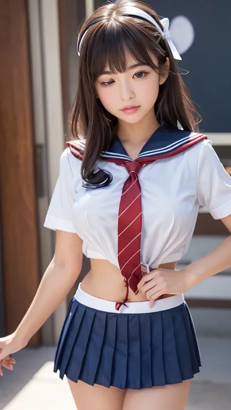 Realistic, photoRealistic, photo-Realistic:1.37, Best Quality, 4K, 8k,  Hi-Res, masterpiece:1.2, Super detailed, Realistic anatomy, Beautiful woman, Sexy Sculpture Idol ,  medium, positive,  Little Smiles ,  high school girl, ( Red Ribbon Tie Uniform Sailo...