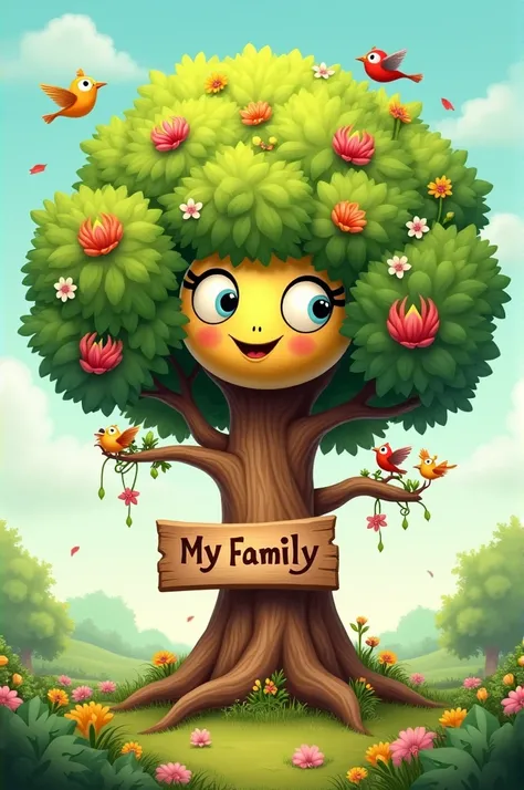  A very leafy tree with flowers birds .  To assemble a family tree .  It must be a cartoon type with eyes on the trunk and have a sign that has written: My family