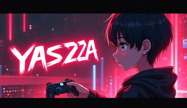 This is a facts YouTube banner that features the name " yasr 2a  " in a futuristic font and a neon Red color. and Boy Anime avtar, The logo also has a stylized controller icon and a YouTube play button in the background. The logo is designed to be attracti...