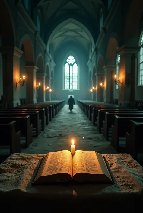 The interior of the abandoned church, dimly lit by scattered candles on the altar. Shadows of pews stretch across the dusty stone floor, and faint, spectral figures seem to linger in the corners. The atmosphere is heavy with an unnatural stillness, as fain...