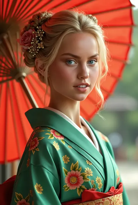 Generate a hyper-realistic portrait of a beautiful woman with blond hair, She is wearing a vibrant green kimono with floral patterns and a traditional Japanese updo adorned with delicate golden hairpieces. In the background, a traditional Japanese paper um...