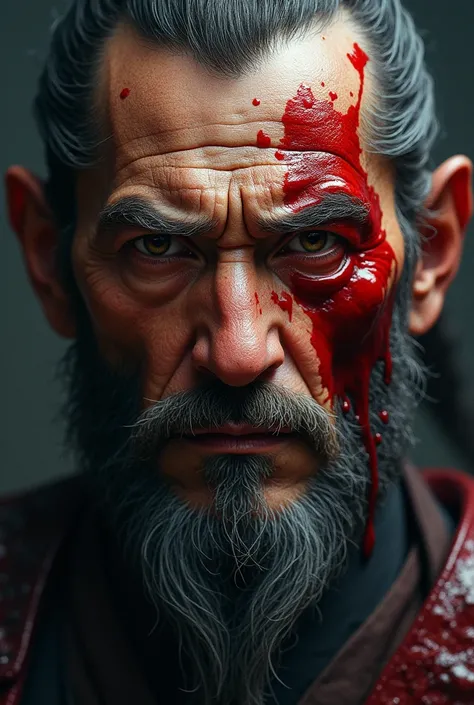 facial detail, of an old samurai without beards ,  with blood splashes from a battle,  realistic image 
