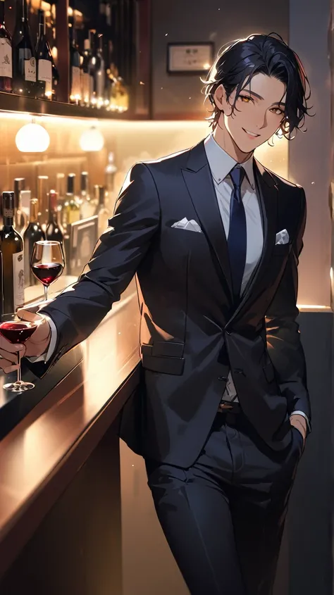 1man、Age 30,  black hair、 handsome、 Brown Eyes 、Sparkling Eyes、suit、 detail eyes  、Long legs、 smile,   Hi-Res , masterpiece ,Backlight、Tokyo、Night view,  Hotel bar counter、wine、Particles of light,  depth of field,