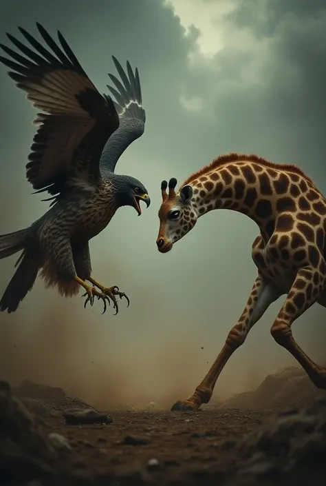 Create an image of a furious falcon and a furious giraffe facing each other in a tense standoff. The falcon should have its wings partially spread, sharp beak open in a scream, while the giraffe lowers its head, neck arched in a defensive posture, with an ...