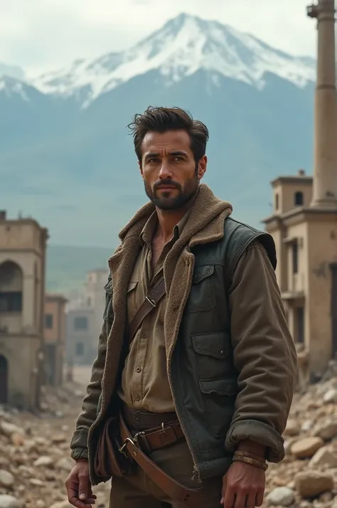 A 35-year-old handsome man.  Although wearing poor clothes, his face was full of pride and cold and calm.  Full of self-confidence. The picture of him trying to rebuild the whole city that was destroyed by the world war. Pictures of mountains in the backgr...