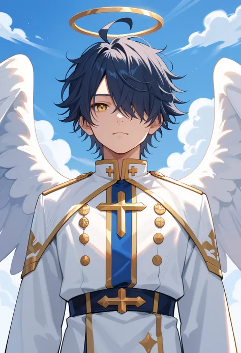 score_9_up, score_8_up, score_7_up, solo, source_anime, 1boy, handsome guy, young adult, young man, solo, dark blue hair, messy hair, ahoge BREAK hair over left eye, yellow eye BREAK White outfit, gold trim, priest, feathered wings, angel wings, halo BREAK...