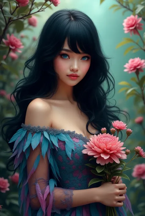 The black hair lady and blue eyes with colorful feather dress and a flowers in her hand