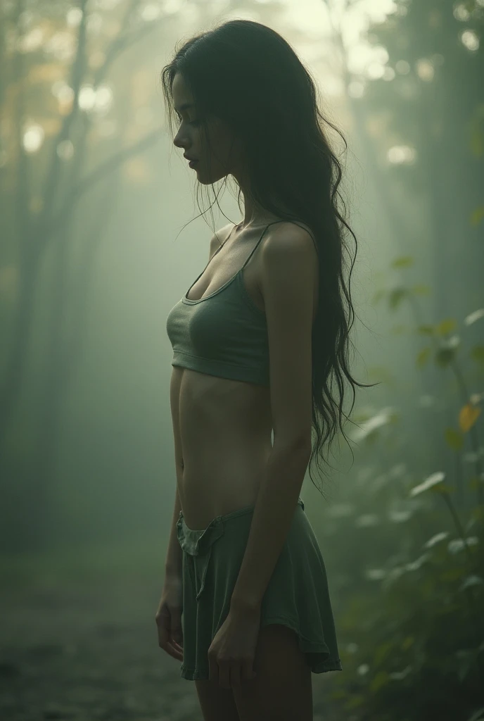 Surreal image of a slender teenage woman wearing a short, sensual dress 