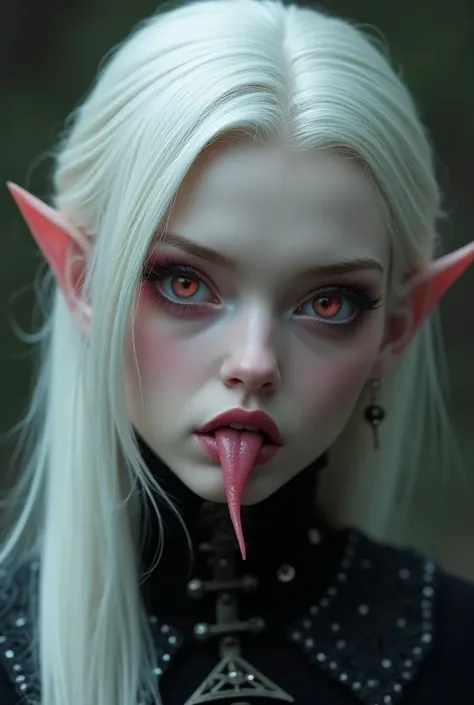  Woman with white hair up to the nape ,  pink eyes and white pupil ;  her eyes have to be somewhat sharp .  A slightly long and pointed tongue like her ears , similar to an elf .  Fangs in her teeth like a vampire and medieval gothic clothing. 