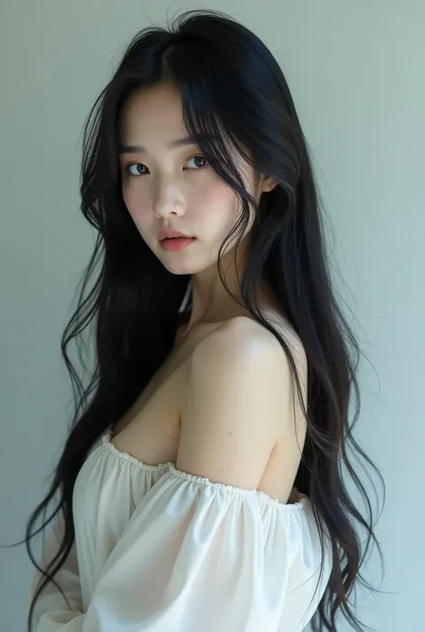 korean woman, Billie Eilish, black hair to the waist, cerquillo.  white dress ,  big breasts shirt.  perfect nose , perfect skin, 4k