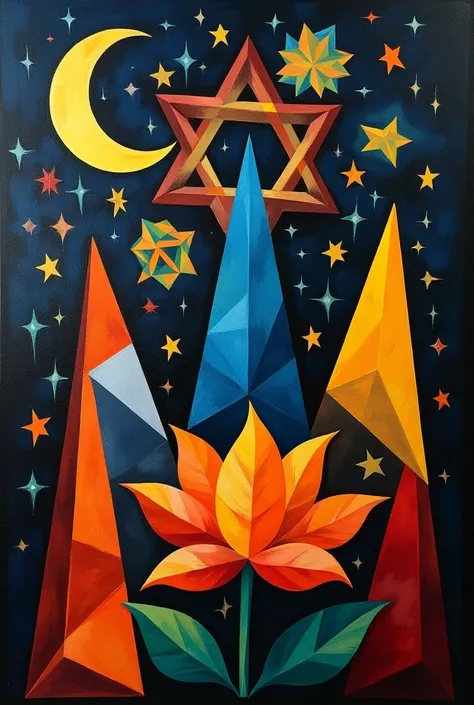 A cubist-style painting featuring simplified, abstract symbols representing various religions in a night scene. In the sky, there is a six-pointed Star of David symbolizing Judaism, alongside a crescent moon and scattered stars representing Islam. On the g...