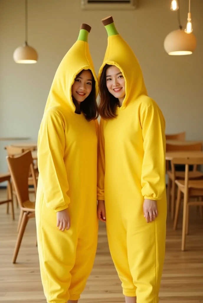 A couple of Thai-Japanese stars, 24-30 years old, wearing banana mascot, white sneakers. They stand pose smiling to camera. The soft, light-yellow flesh is exposed, revealing its texture and subtle details. The background is minimalistic, coffee shop, high...