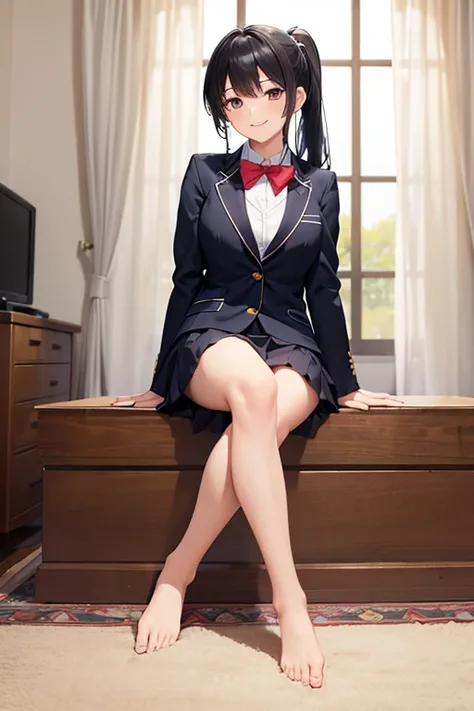 ((masterpiece、highest quality))、An illustration、Very detailed、high school girl、whole body、ponytail、uniform、blazer、Black Hair、smile, sitting like a princess with bare feet.