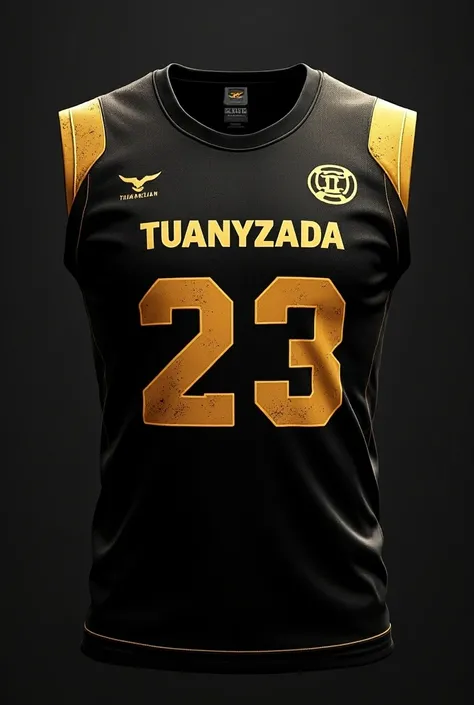 Regatta sleeveless team t-shirt,  tank top with the name Tuanyzada in the center, with number 23 in the center,  all in the colors black, brown and golden 