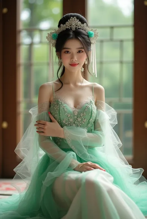 Character：20 years old，beauty， Chinese women 。expression： Confident smile 。hair：黑色hair盘起， The color of the headdress is the same as the costume 。Wear：Chinese exquisite embroidered costume ，Flowing tulle，I can see my cleavage ， Slim fit ， and tie a ribbon o...