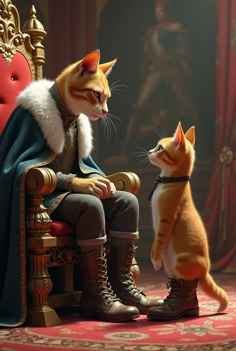 A cat in boots talks to the king