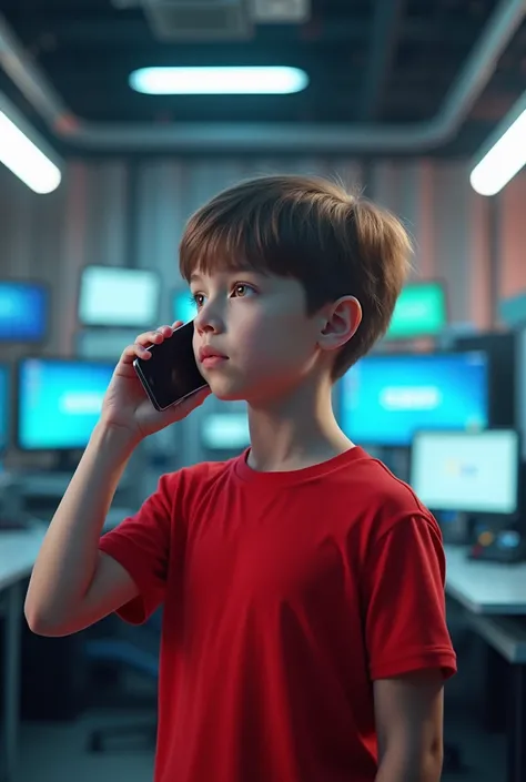 A boy talking in phone In red tshirt under a room with containing hitech object 
