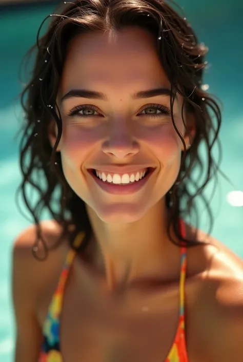 Pretty woman oval face big eyes showing smile wet appearance in bikinis coming out of the pool face only