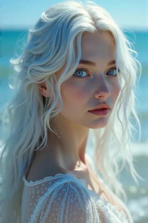 Beautiful girl, silver hair, blue eyes, sea background, long hair