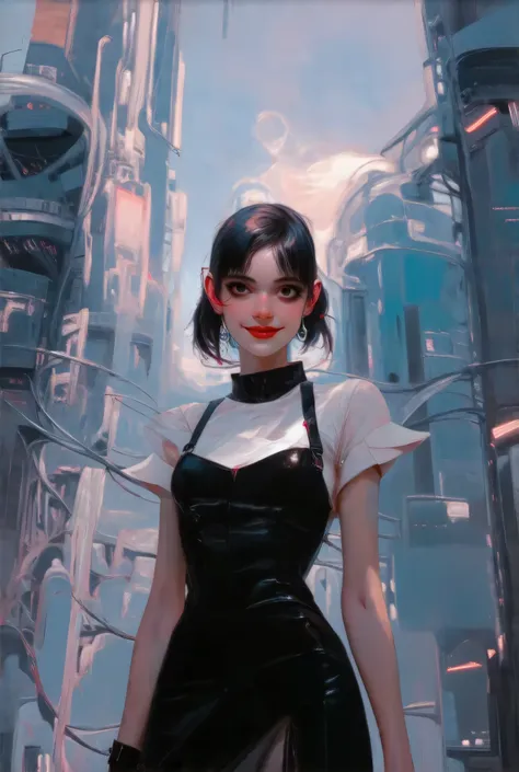 Beautiful Cyber girl standing in a futuristic city, wearing black dress with white top,wide low angle shot, dark eyebrows and eyelashes, red lipstick, cunning smile, detailed, beautiful