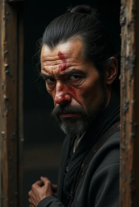 facial detail, Of a 40-year-old samurai without beards, showing all your pain and helplessness ,   upon arriving home after a battle,  and seeing that you were attacked by enemies ,  realistic image .
