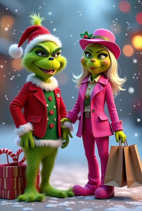 Cute Grinch with Christmas clothes and pink pimp holding shopping bags 