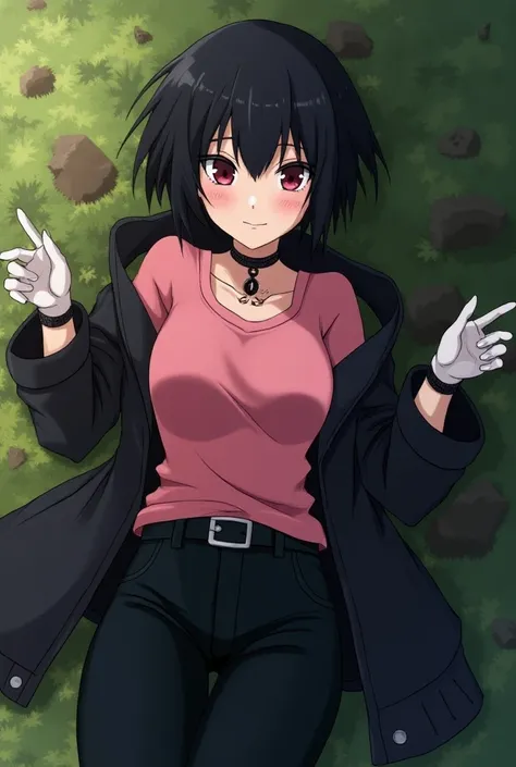 kyoka jiro, 1girl, solo, looking at viewer, smile, short hair, bangs, shirt, black hair, gloves, long sleeves, jacket, open clothes, choker, pants, white gloves, blunt bangs, fingerless gloves, open jacket, black jacket, black choker, facial mark, black pa...