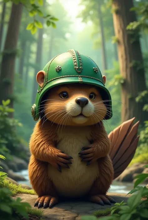 A beaver with a green helmet