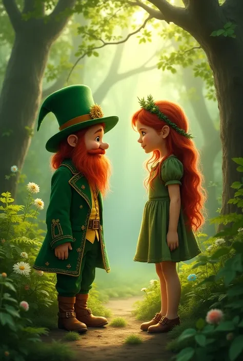 An image of a mythological little leprechaun, man in a forest talking to a girl with long hair, the leprechaun smaller than the girl, in a search for a little rens story. 