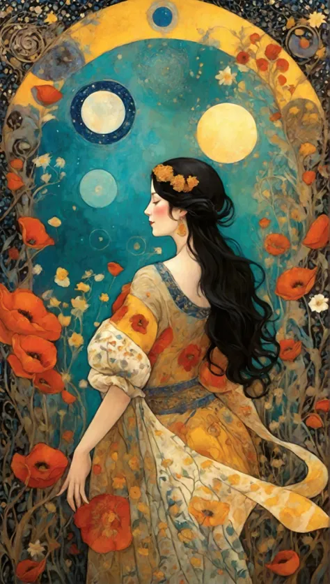 Create a mesmerizing scene inspired by the enchanting art styles of Klimt, Sam Toft, Florine Stettheimer, Dina Wakley, Catrin Welz-Stein, Gabriel Pacheco, and Elisabeth Fredriks.

Depict a woman with dark blonde hair, gracefully dancing with her arms uplif...