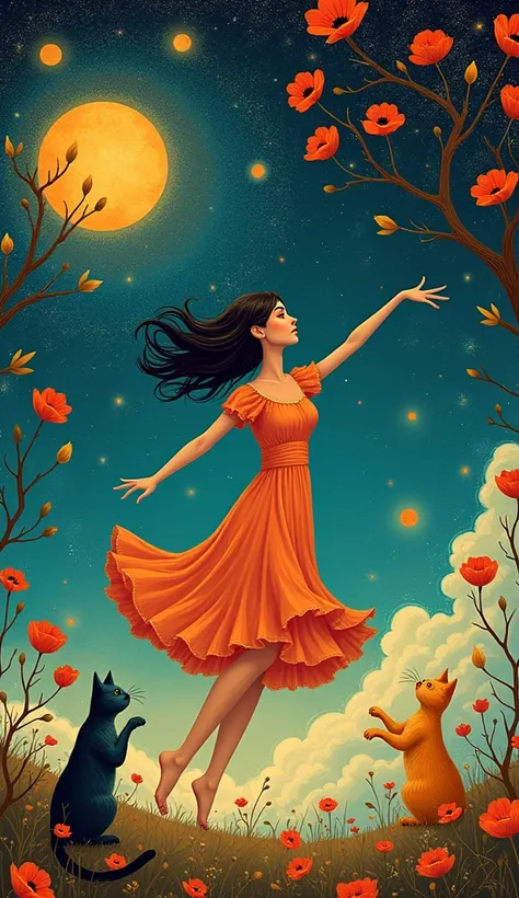 Create a mesmerizing scene inspired by the enchanting art styles of Klimt, Sam Toft, Florine Stettheimer, Dina Wakley, Catrin Welz-Stein, Gabriel Pacheco, and Elisabeth Fredriks.

Depict a woman with dark blonde hair, gracefully dancing with her arms uplif...