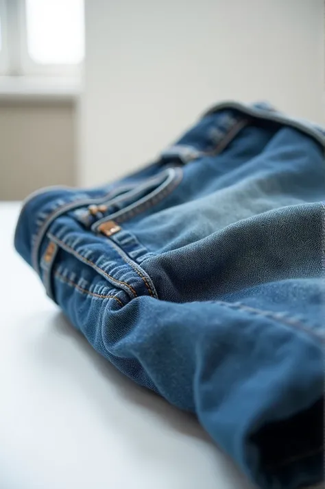 A jeans of man keep on the white table and camera focus only jeans