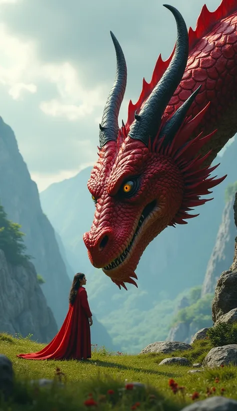 A cinematic shot photo of a wizard and a colossal-size red dragon with intricate shimmering shining scales. The young wizard is having conversations with the dragon while they at the flat plain green field. The background contains more mountains and trees....