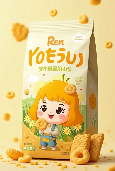  Create me a packaging for rice crackers with yellow cream , That the packaging is for ren  