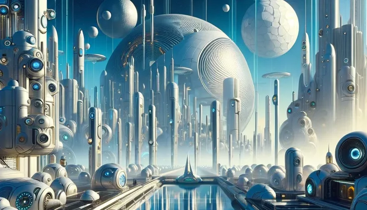 clockworld futuristic scene:1.5, Inspired by Dave McCains art,Cats Are Far Away 
