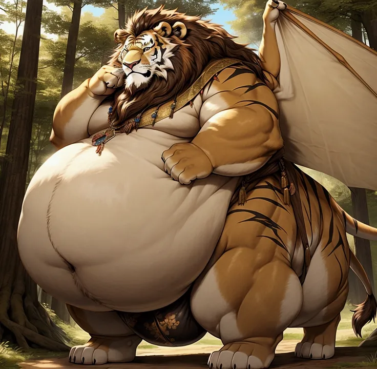 詳細な Tow Body ,  Thick Tawl Body ,  Thick Tiger Legs , 太いlionの尻尾,   full body shot ,   Standing in the Forest、 Alaskan Malamute、lion、Obese、Belly meat、 full body view、 Tow Body 、 lion、 Taur Body 、 Tow Body 、 Extremely Obese 、Fat man、 Tow Body 、Fat man、 Extre...