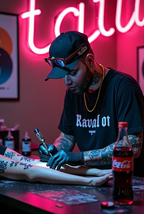 Tattooist with machine tattoo on the right hand,  t-shirt with the word Raval 01 , gold cord around the neck ,  in neon the written word Tatu ,  a poster behind on the wall with the Yin Yang symbol,  ink cans on the work table , A bottle of Coca-Cola,   bl...