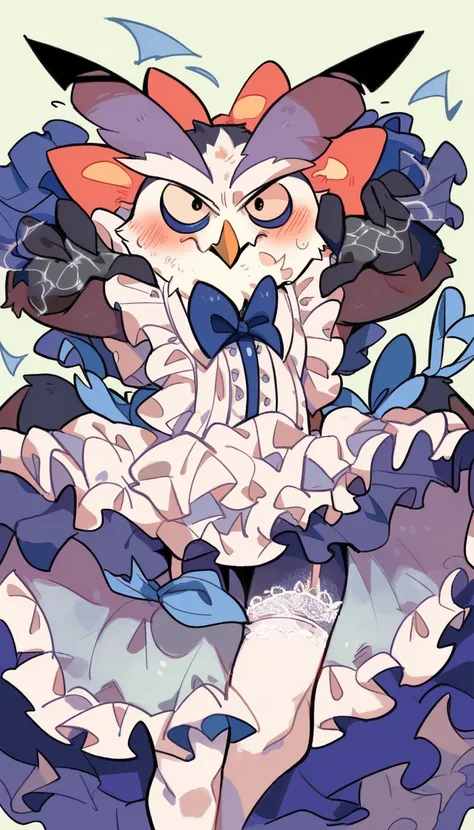 1 person, highest quality、perfect anatomy、(((owl male wearing transparent white frill layered dress)))、Bird Man, middle aged, (((male)))、 embarrassed face、Gay、lace gloves、white knee-high stockings、lace garter belt、((white lace panty))、  Dynamic Poses 、Full...