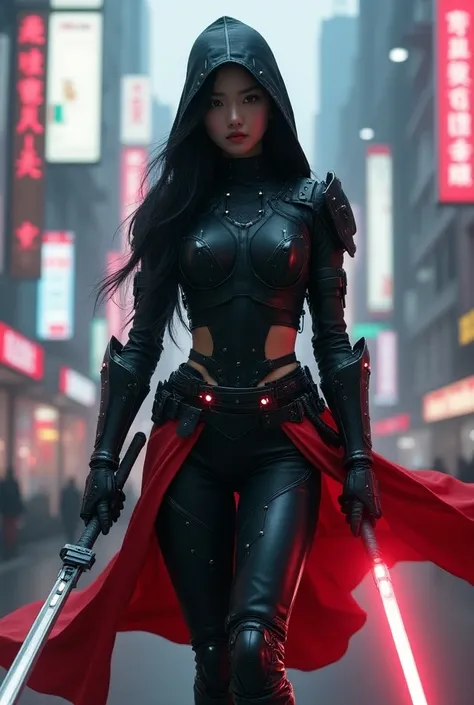 korean woman as an assassin in a cyberpunk futuristic world, wearing heavier battle armour, black and grey, with red trim silks draped from the waist. face uncovered. electric sword.